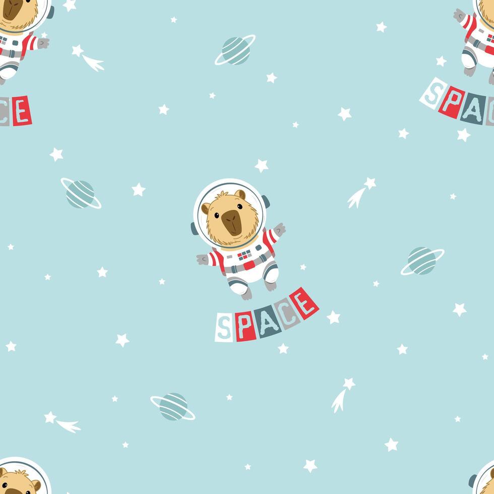 Seamless print with stars, rockets and capybara astronaut vector