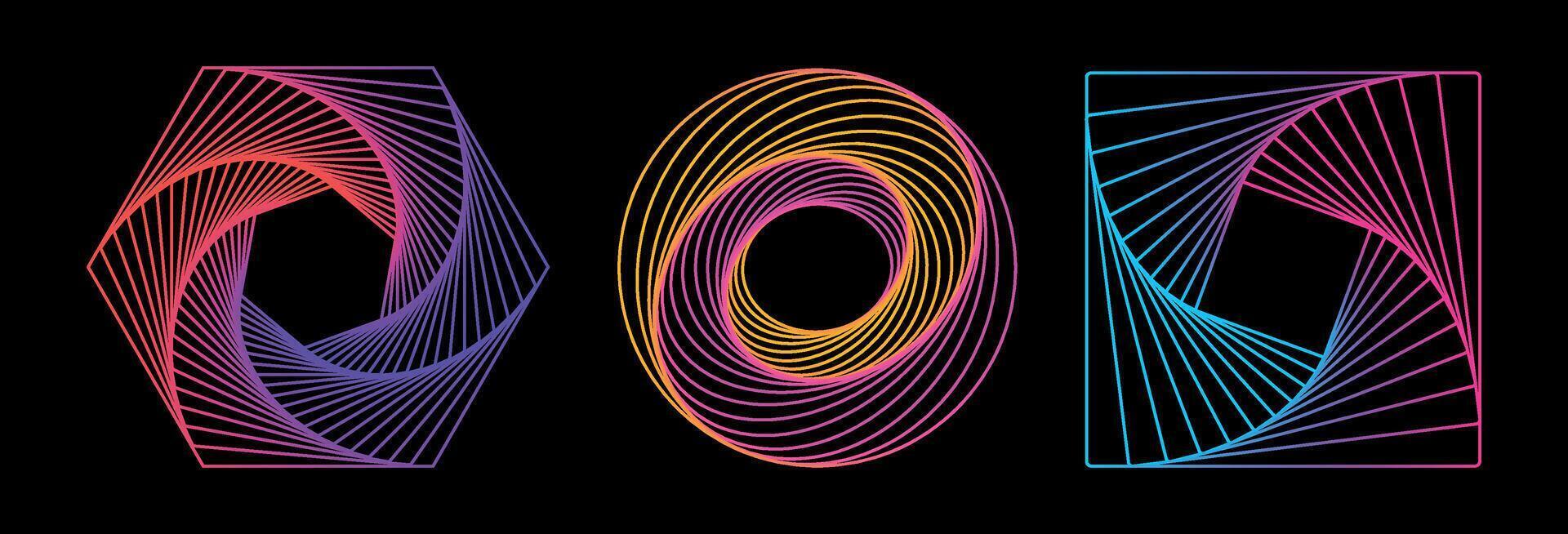 Set of colored twisted spirals. Twisted wireframe tunnels of different shapes, hexagon, circle, square isolated on a dark background. Design element. Swirlings. Logo vector
