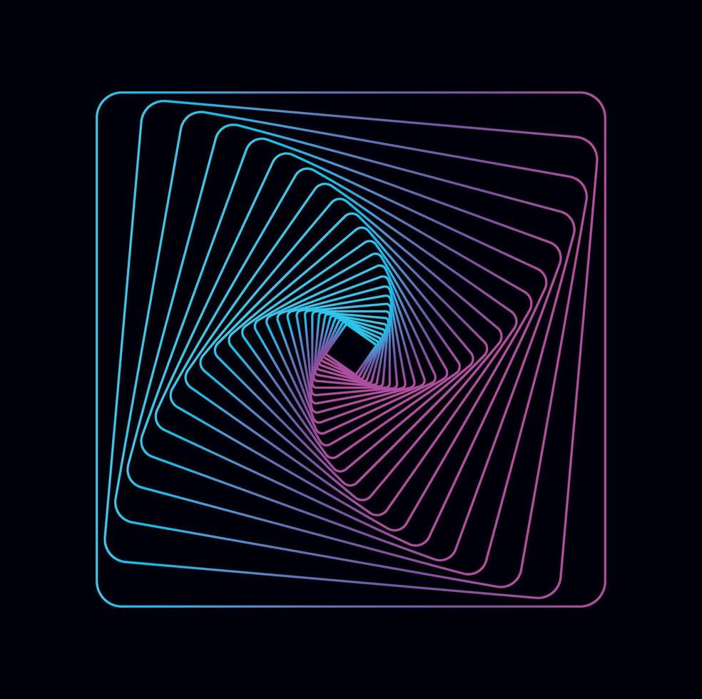 Abstract twisted spirals in cartoon style. Illustration of an colorful twisted spiral with a gradient in the shape of a square isolated on a dark background. vector