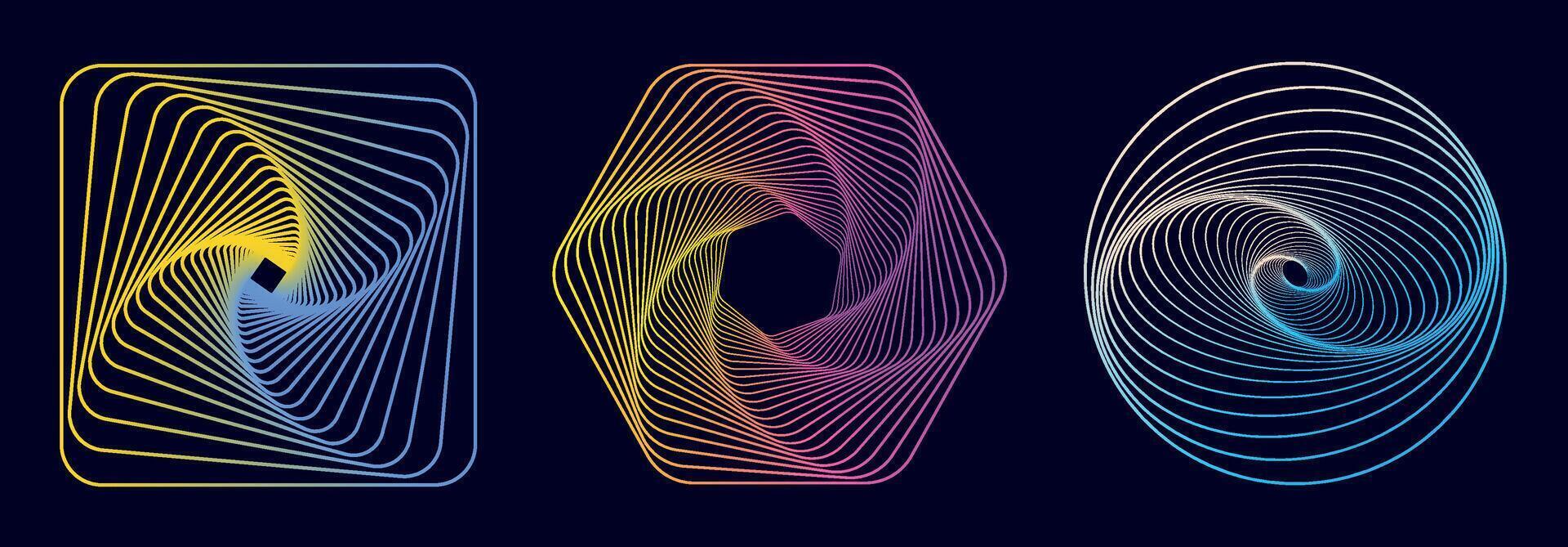 Set of bright twisted spirals in cartoon style. Illustration of twisted colored spirals in the form of square, hexagon, circle isolated on a dark background. Abstract spiral tunnels. vector