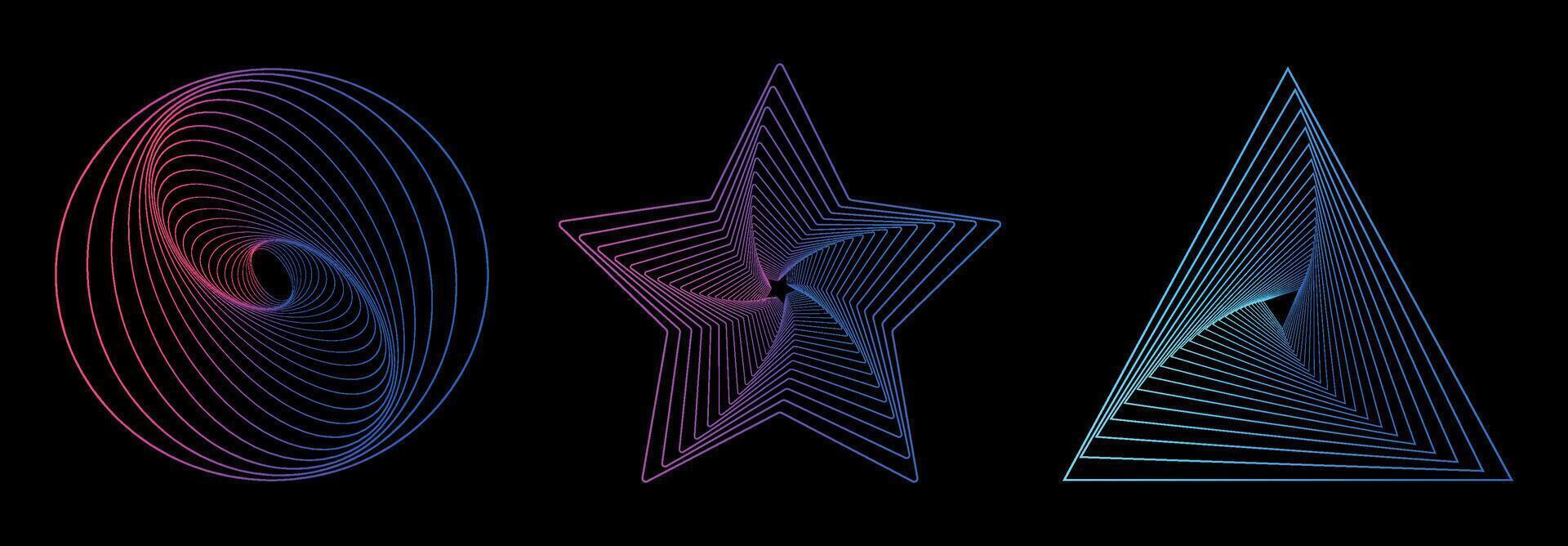 Set of gradient twisted spirals. Twisted wireframe tunnels of different shapes circle, star,triangle isolated on a dark background. Design element. Swirling symbols. Colored thin lines. Vortex.Helix. vector