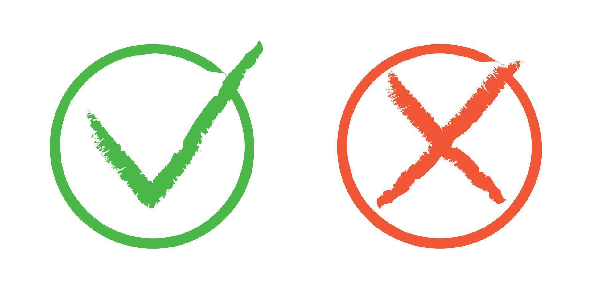 Green check mark and red cross brush icons isolated on white background. Marks yes and no in a cartoon style. Right and wrong. Yes and no. Voting choice. vector