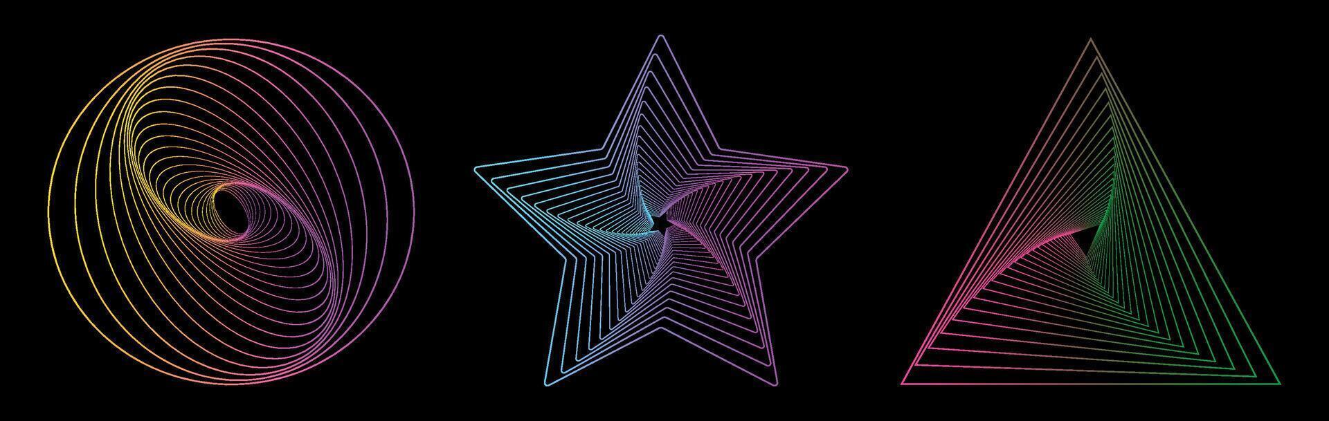 Set of colored twisted spirals. Twisted wireframe tunnels of different shapes, circle, star, triangle isolated on a dark background. Design element. Swirlings. Gradient thin lines. vector