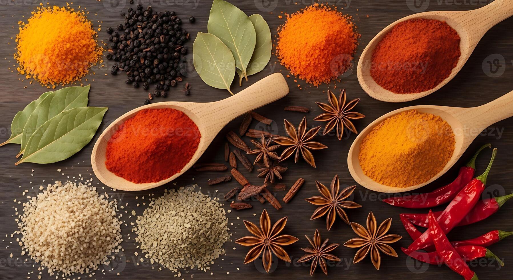 Various spices and herbs in wooden spoons photo