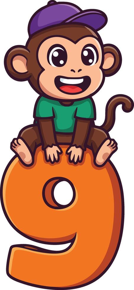 Cartoon monkey wearing purple cap sitting on large orange number nine illustration for children learning numbers and counting fun educational content vector
