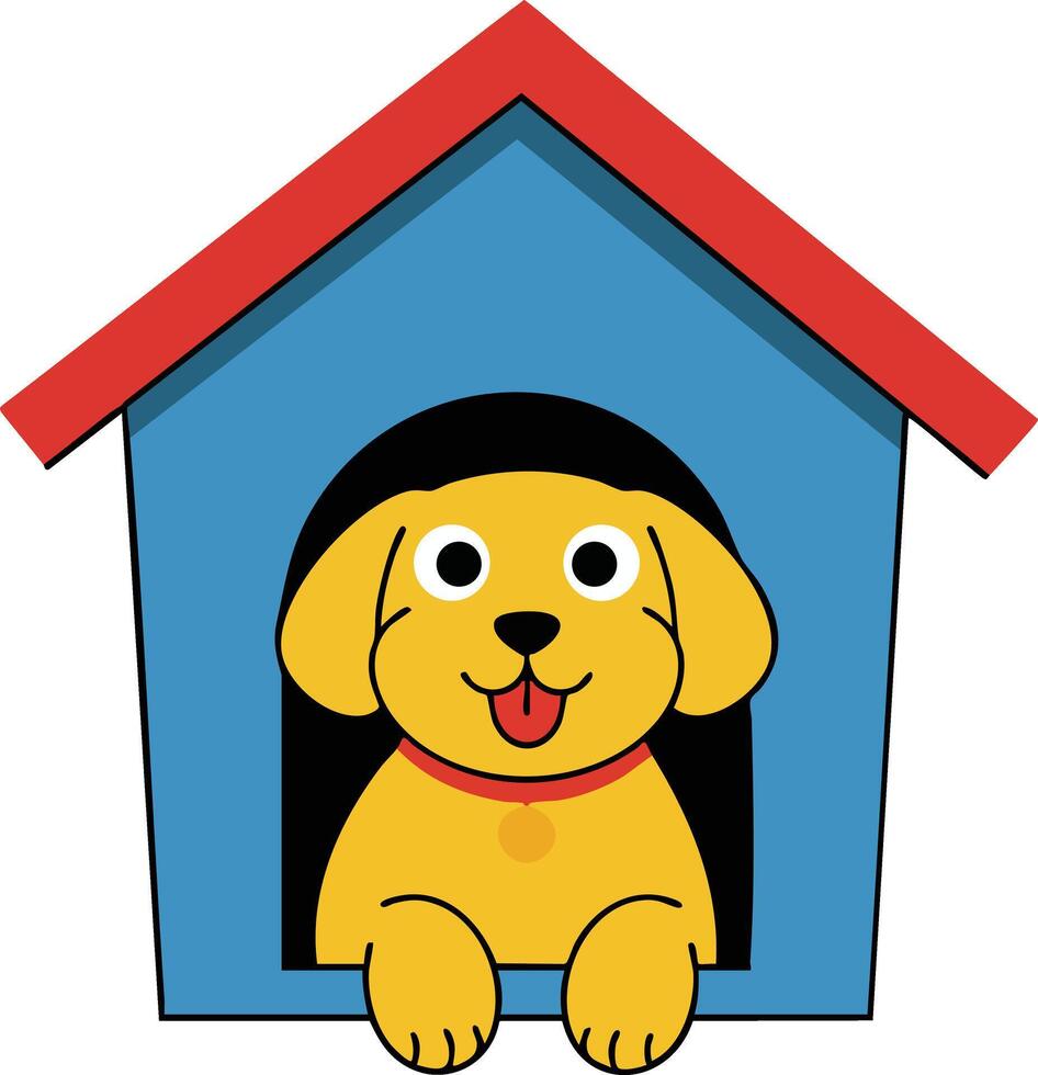 Cute yellow dog inside blue doghouse with red roof illustration of playful pet in home environment vector