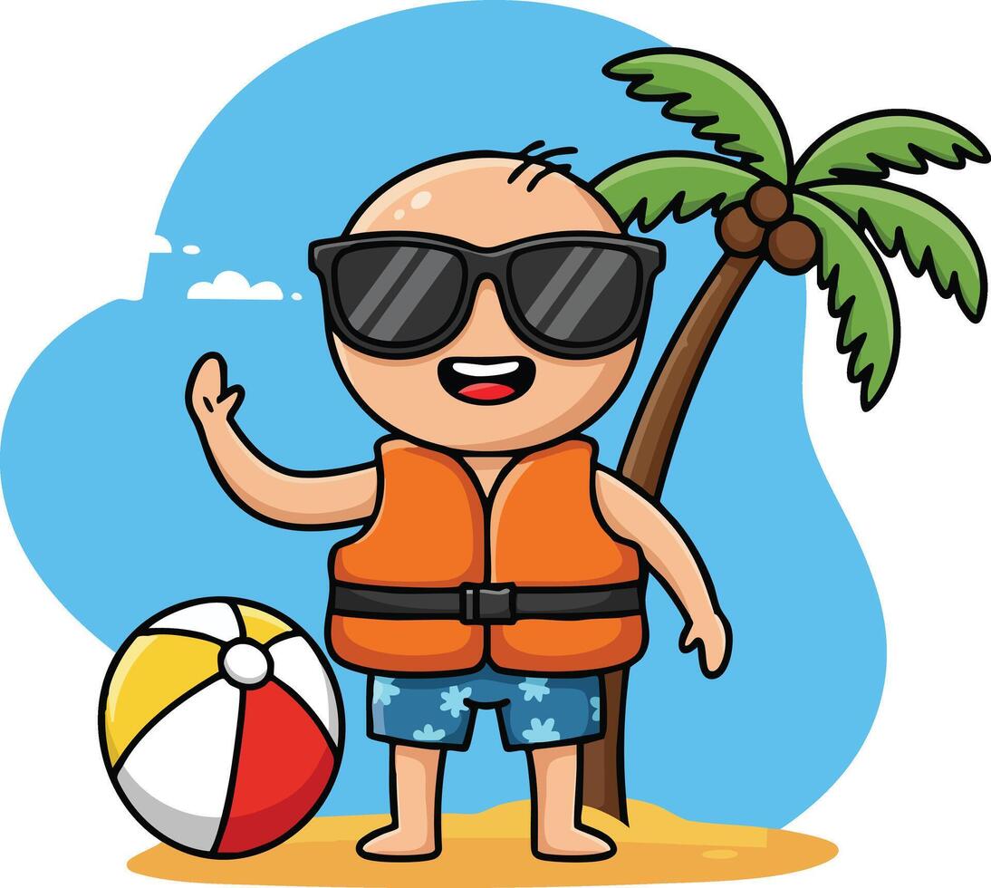 Bald man in life jacket and sunglasses on beach with palm tree and colorful ball summer vacation illustration vector