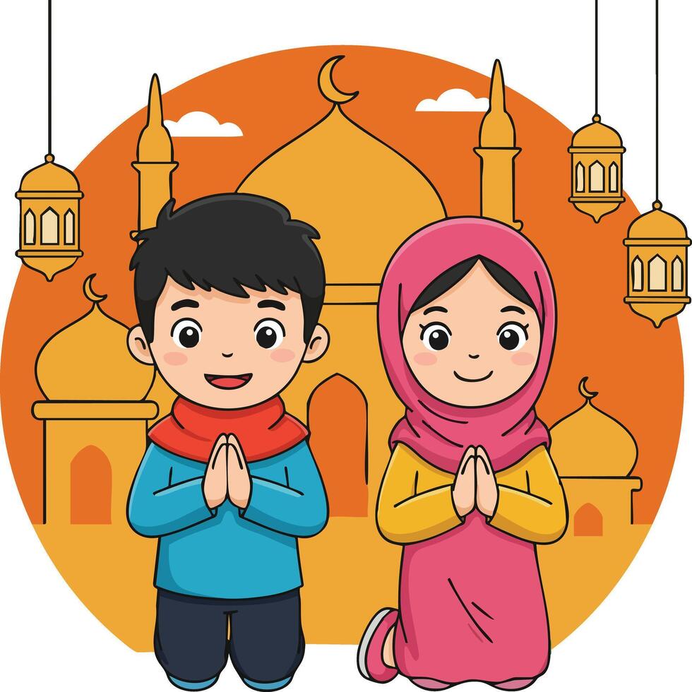 Muslim children praying in front of mosque with lanterns and crescent moon illustration vector