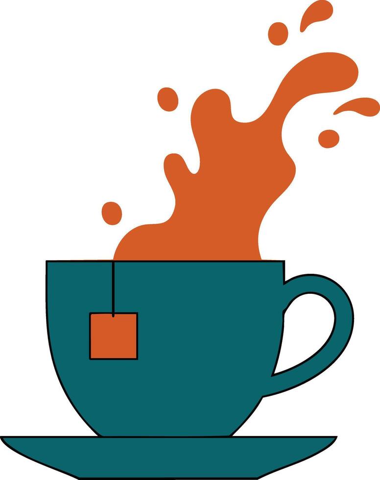 Hot tea cup with splash steam and tea bag illustration in teal blue and orange colors vector