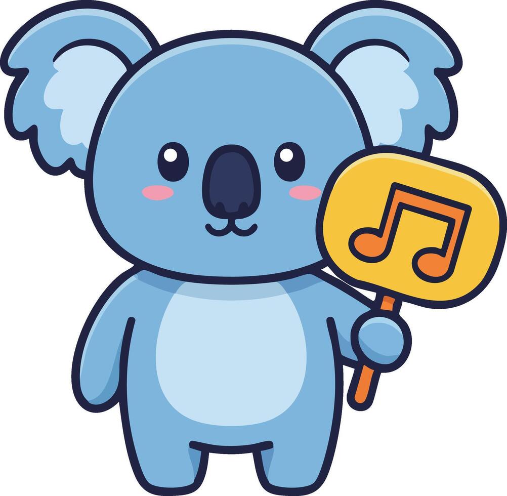 Cute blue koala holding yellow music note sign cartoon illustration for children and entertainment design vector