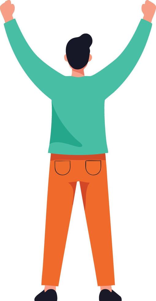 Man raising hands in victory green top orange pants simple illustration standing from back view vector