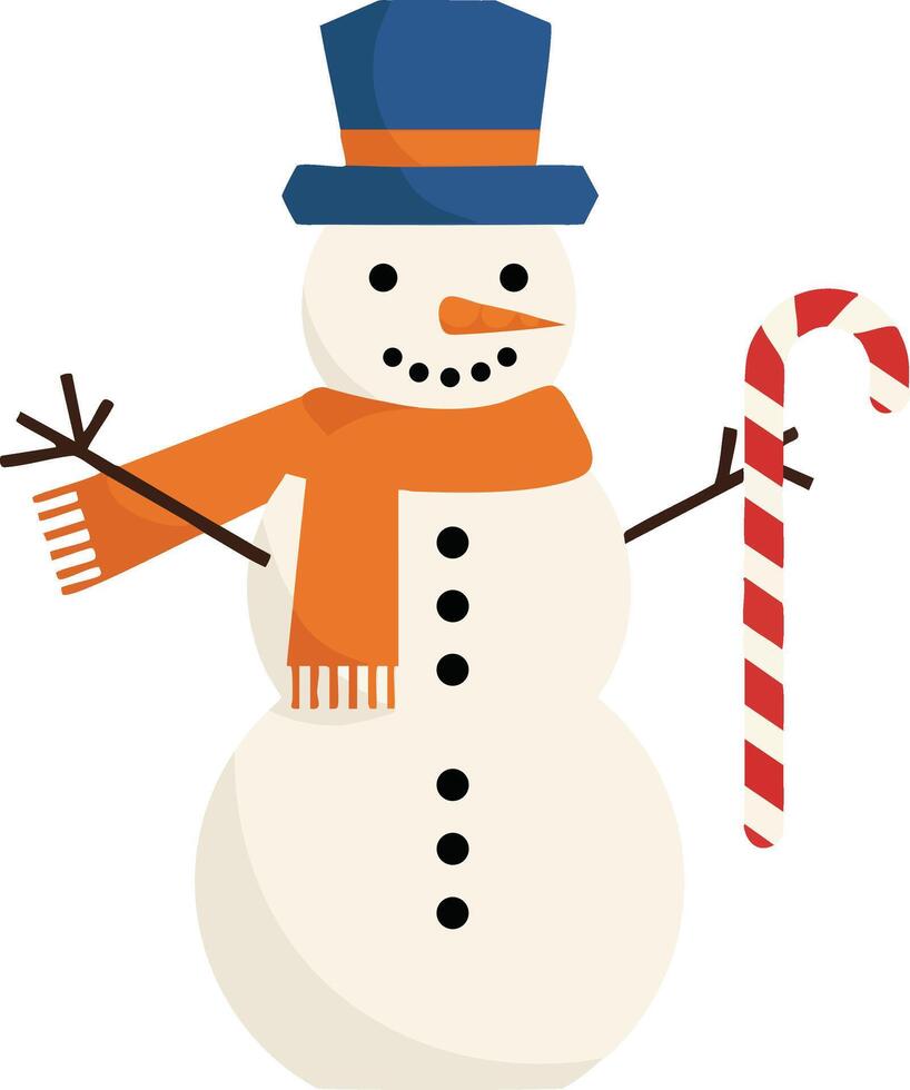 Snowman with blue hat and orange scarf holding candy cane winter holiday decoration illustration vector