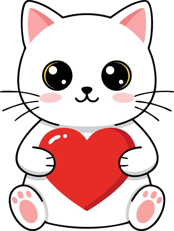 Cute white cat holding red heart cartoon animal love and affection illustration vector