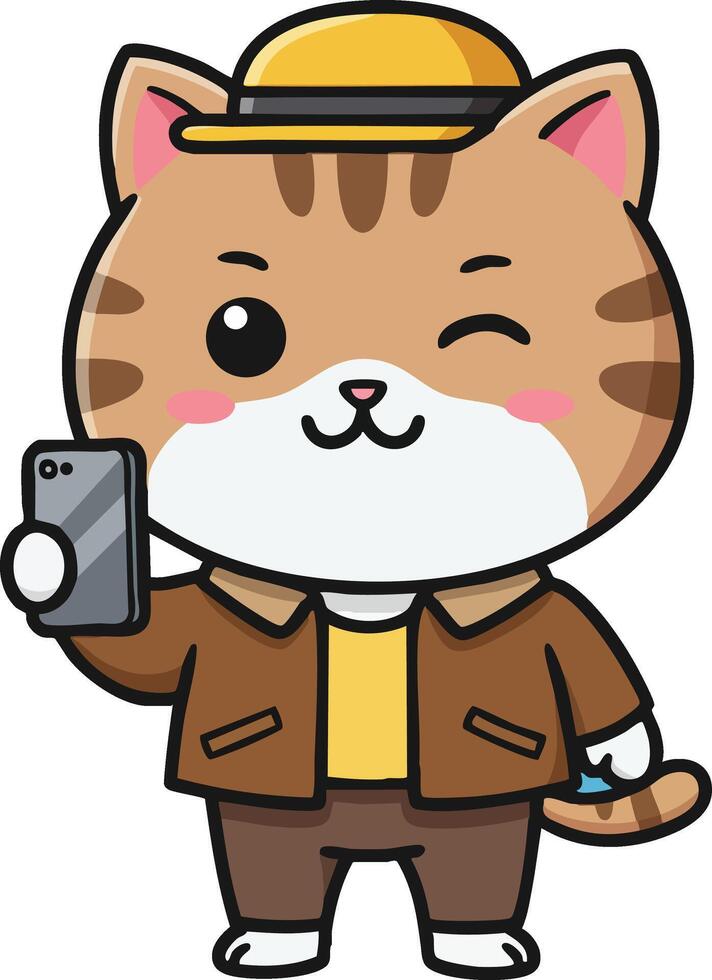Cute cat wearing yellow hat and brown jacket taking selfie with smartphone illustration vector