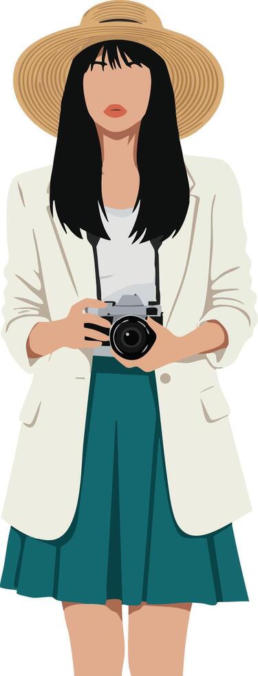 Woman photographer holding camera wearing hat teal skirt and white blazer illustration vector