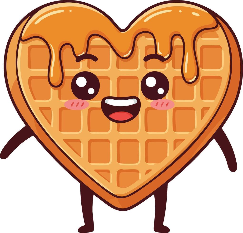 Heart shaped waffle with syrup smiling cute cartoon character illustration design vector