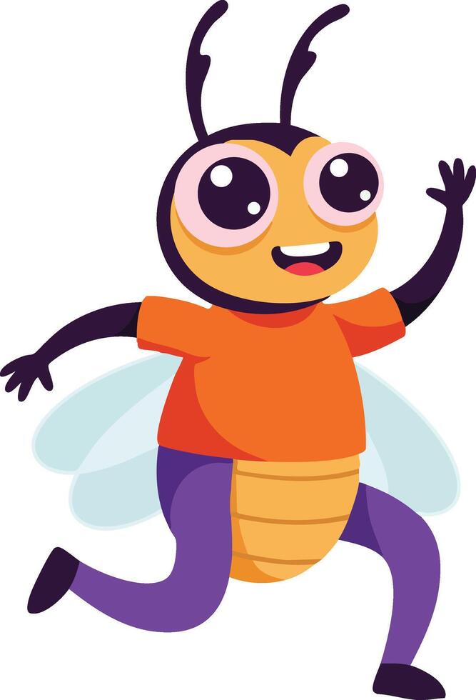 Happy cartoon bee character running in orange shirt and purple pants illustration with wings and antennae vector
