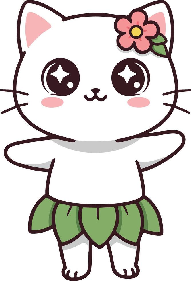 Cute white cat character with flower and leaf skirt in kawaii style illustration for children and pets design vector