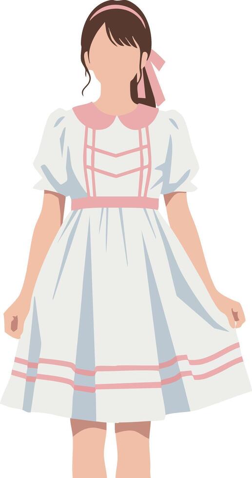 Girl wearing white dress with pink ribbons and puff sleeves illustration in simple style vector