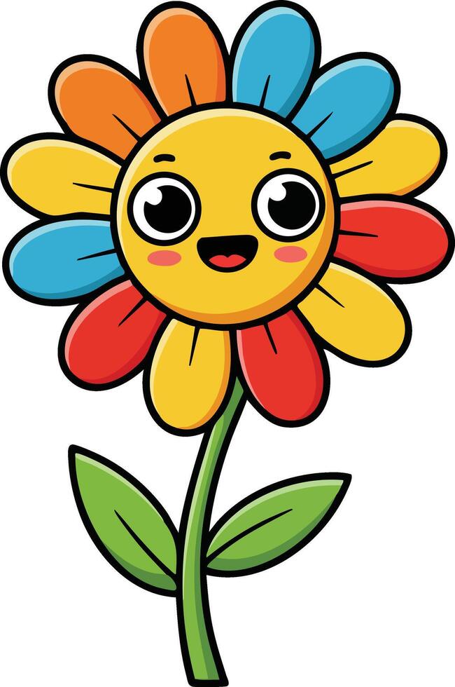 Colorful smiling flower with happy face and multicolored petals cheerful cartoon illustration for kids and education design vector
