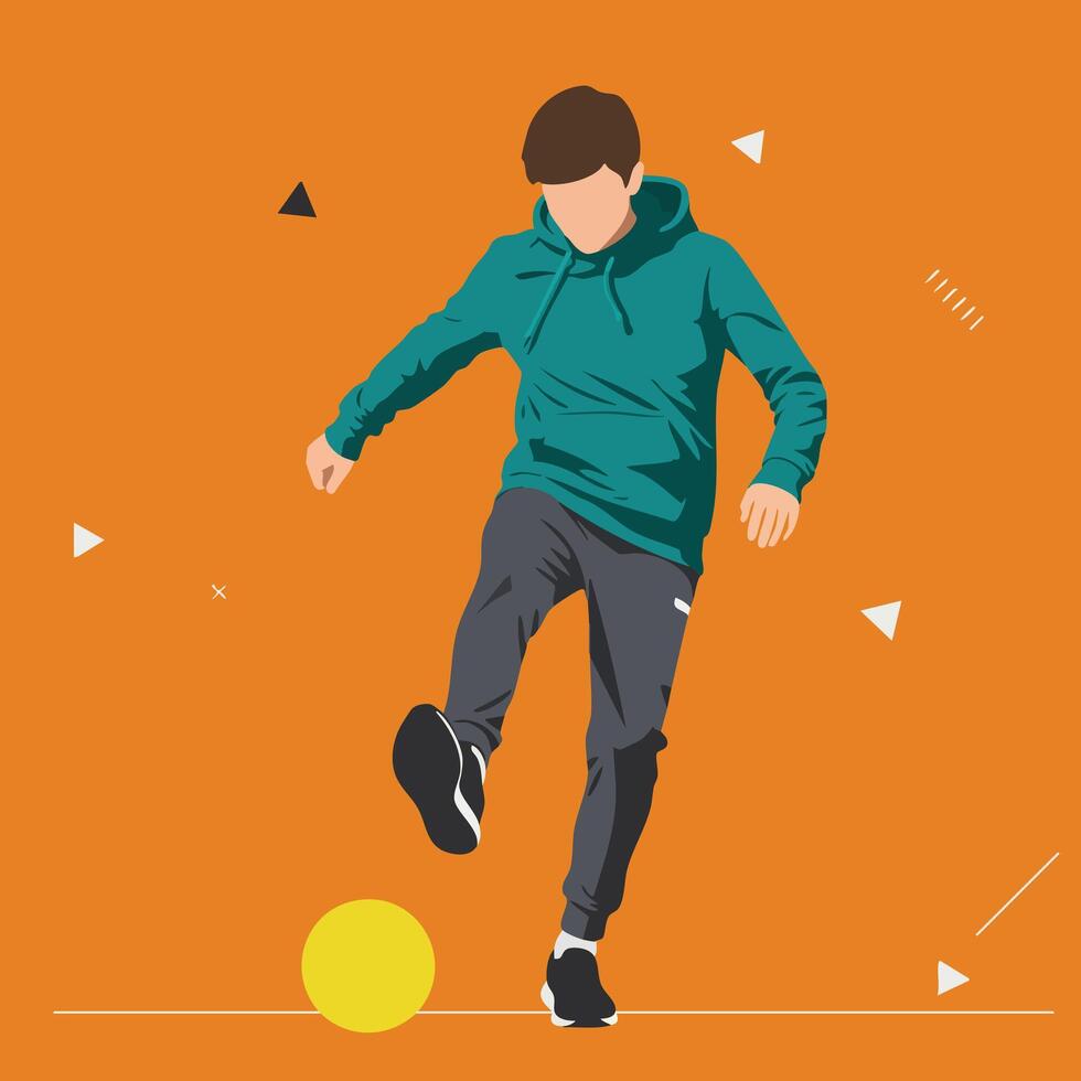 Young man playing soccer ball in teal hoodie and gray pants on orange background illustration vector