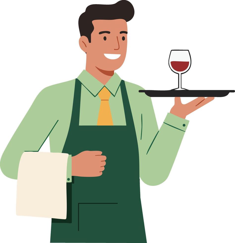 Waiter in green apron carrying tray with glass of red wine smiling hospitality service illustration vector