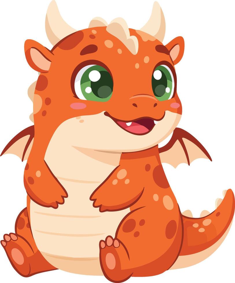 Cute orange baby dragon with green eyes cartoon character sitting happily illustration vector