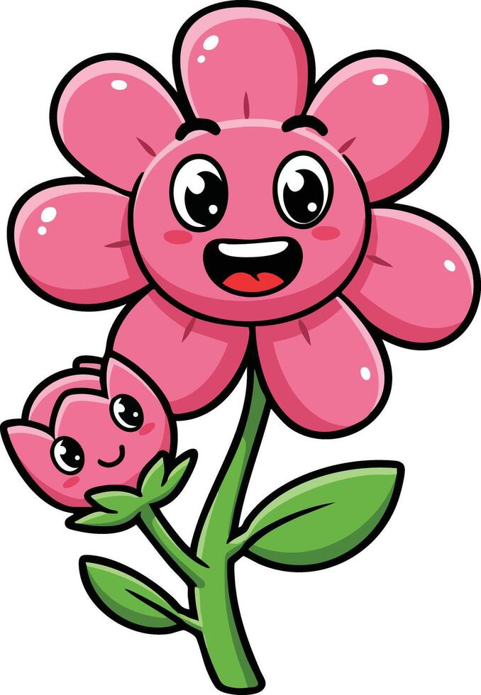 Pink cartoon flower with smiling face and bud illustration with green leaves and stem cheerful and playful design vector