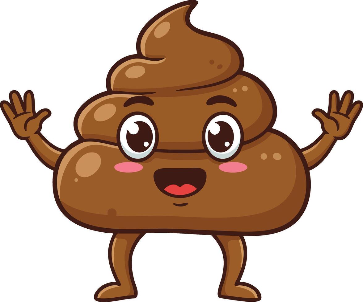 Cute happy poop emoji character with smiling face and waving hands illustration for fun and playful designs vector