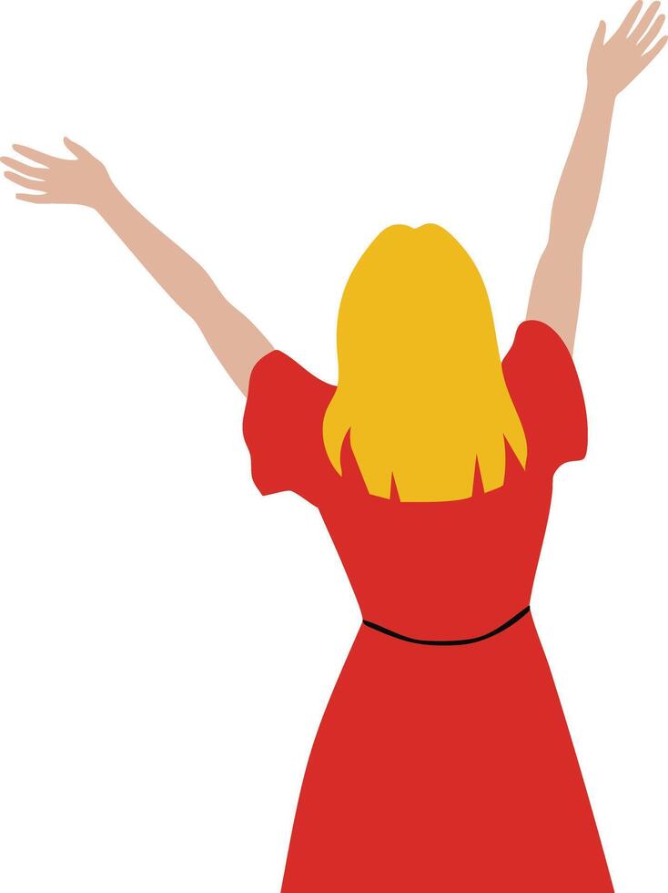 Woman with raised arms wearing red dress and blonde hair illustration art vector