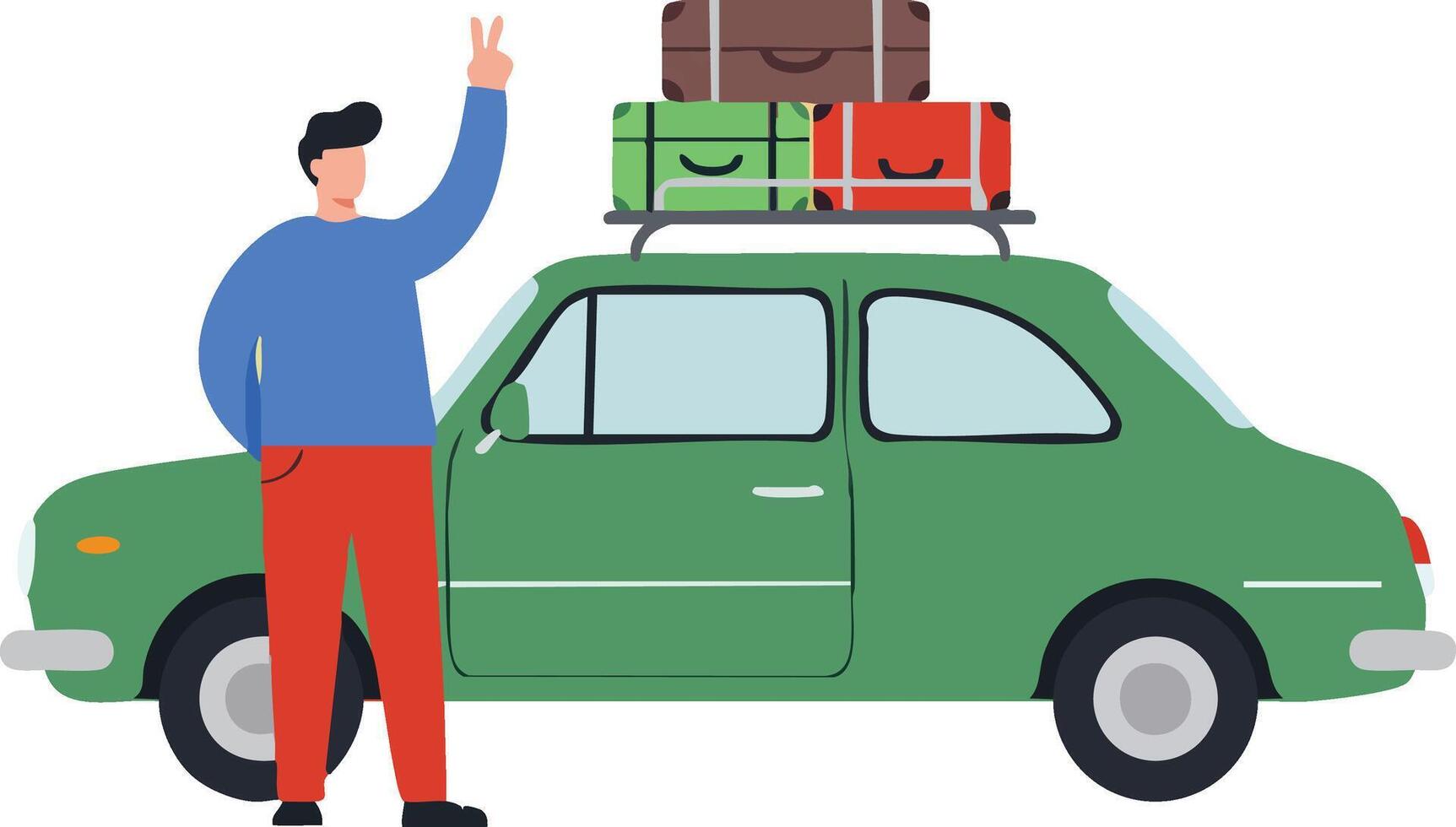 Man standing beside green car loaded with colorful luggage for travel and adventure trip illustration vector