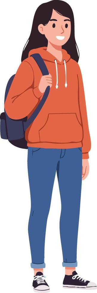 Young woman standing with backpack casual outfit smiling illustration vector