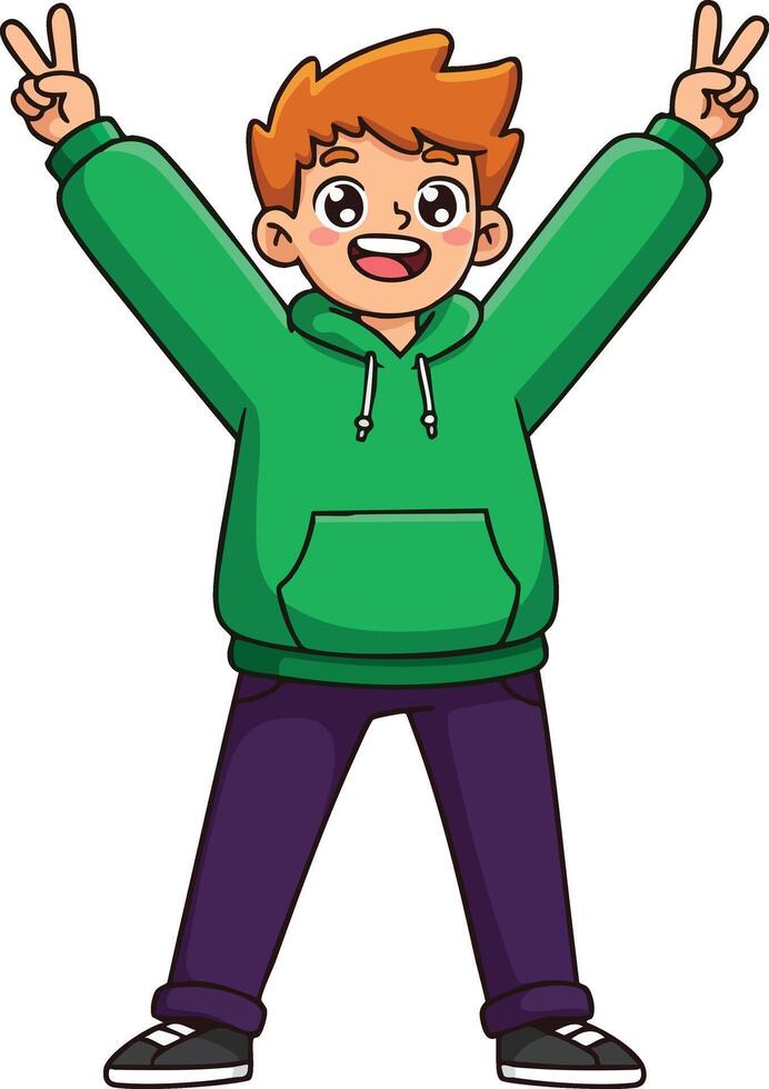 Happy boy wearing green hoodie showing peace signs with both hands cheerful pose illustration vector