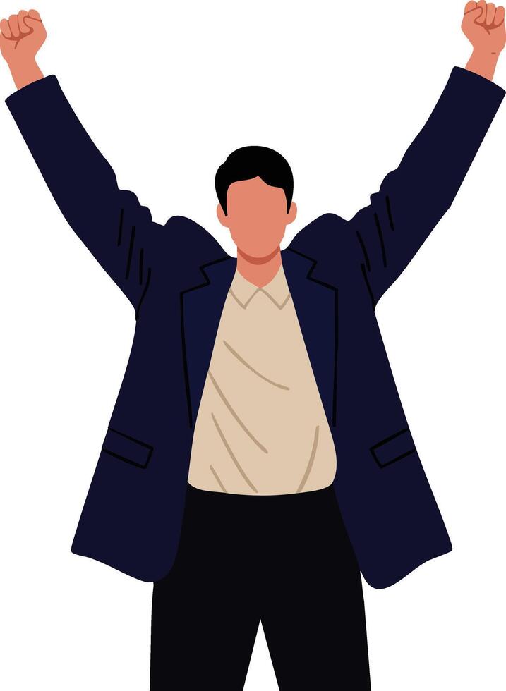 Man celebrating success with raised arms wearing navy blazer and beige shirt in illustration vector