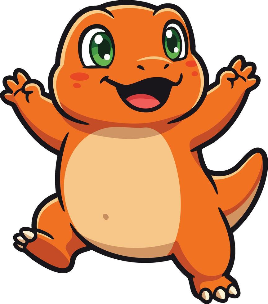 Happy cartoon orange dinosaur with green eyes jumping illustration art cheerful character design vector