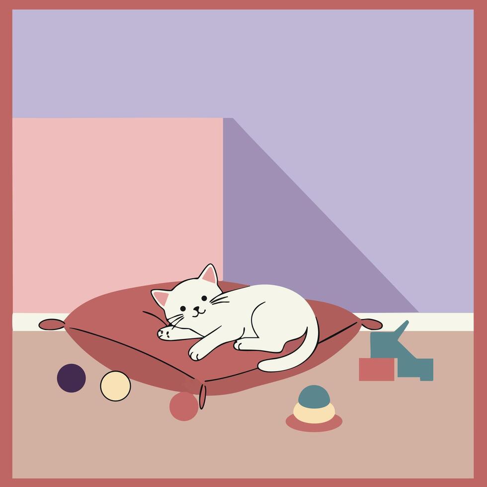White cat resting on red cushion with scattered childrens toys in minimalist room interior illustration vector