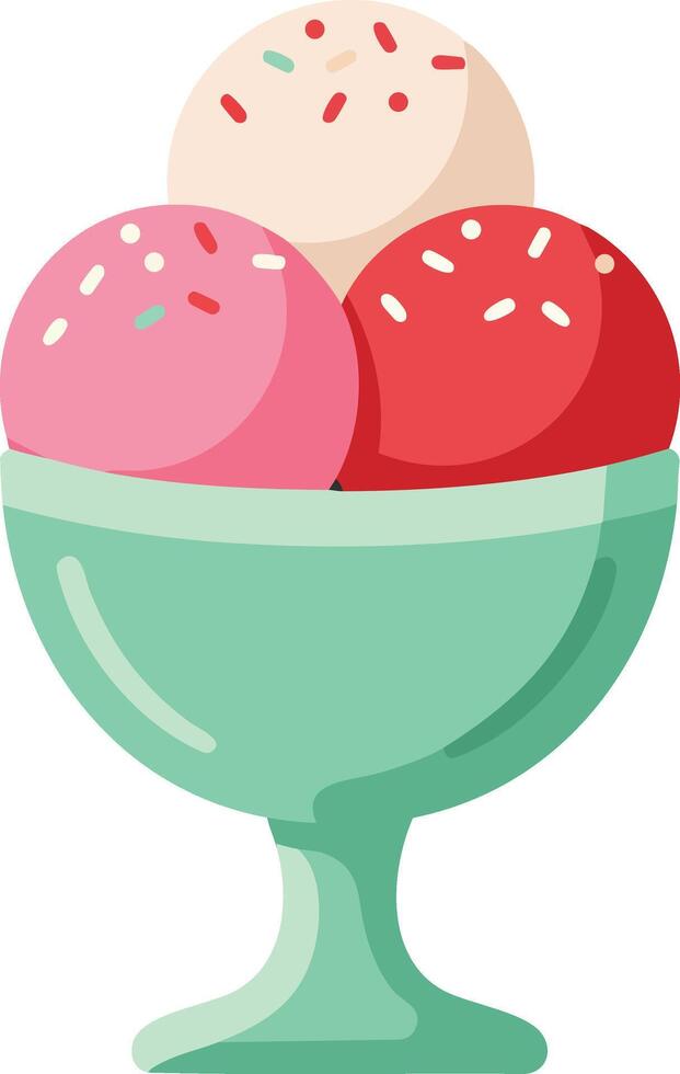 Ice cream scoops in green dessert bowl with sprinkles illustration dessert treat sweet food colorful vector
