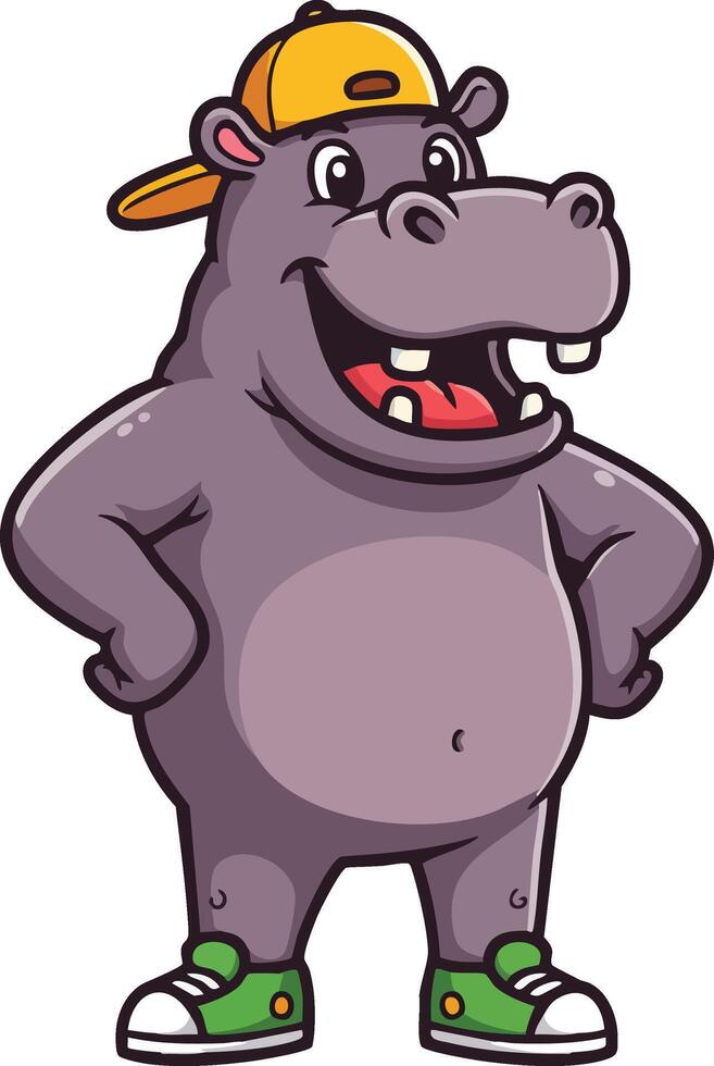 Cartoon hippopotamus character wearing yellow cap and green sneakers smiling confident illustration vector