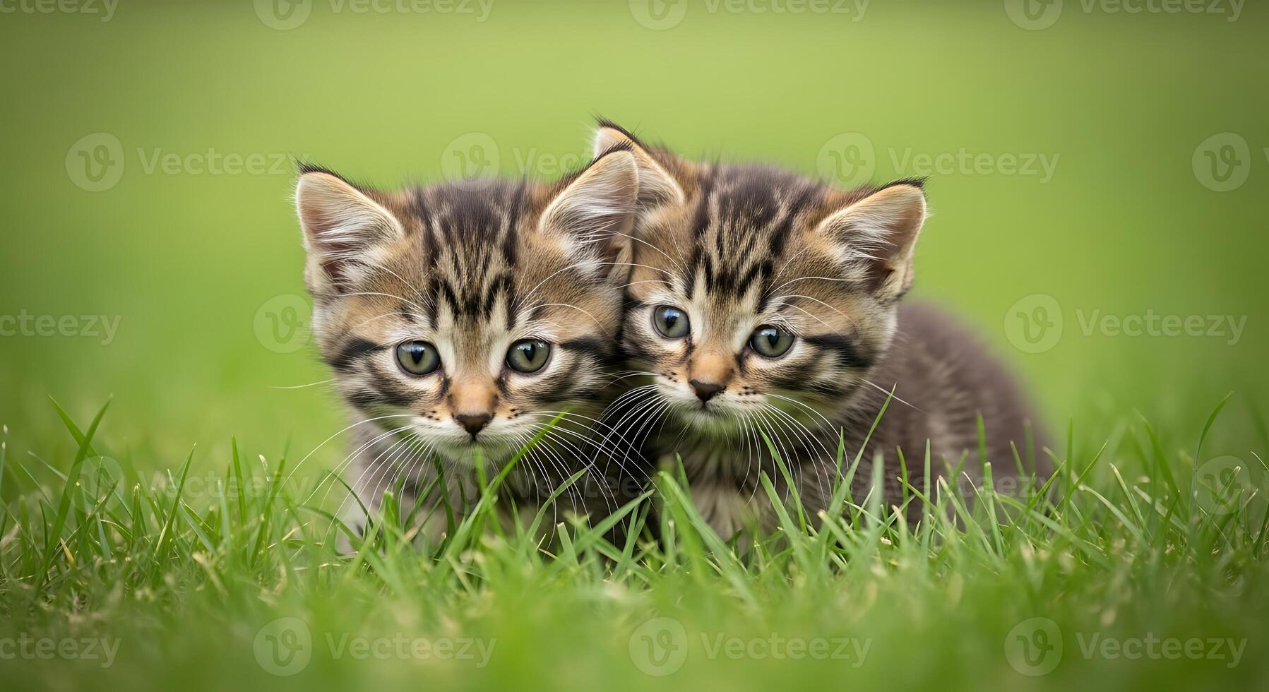 Two kittens sitting in the grass looking at the camera photo