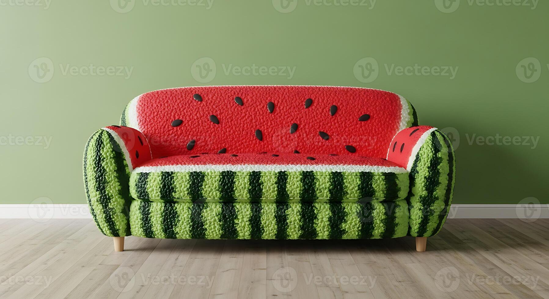 A watermelon shaped couch with a green wall photo
