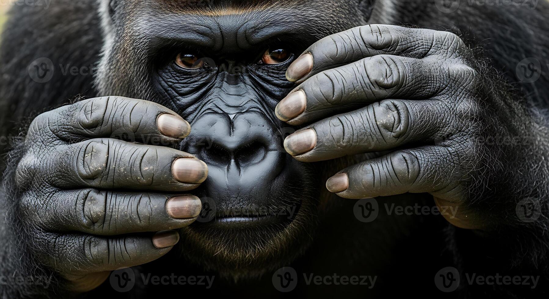 A gorilla is holding his hands over his face photo