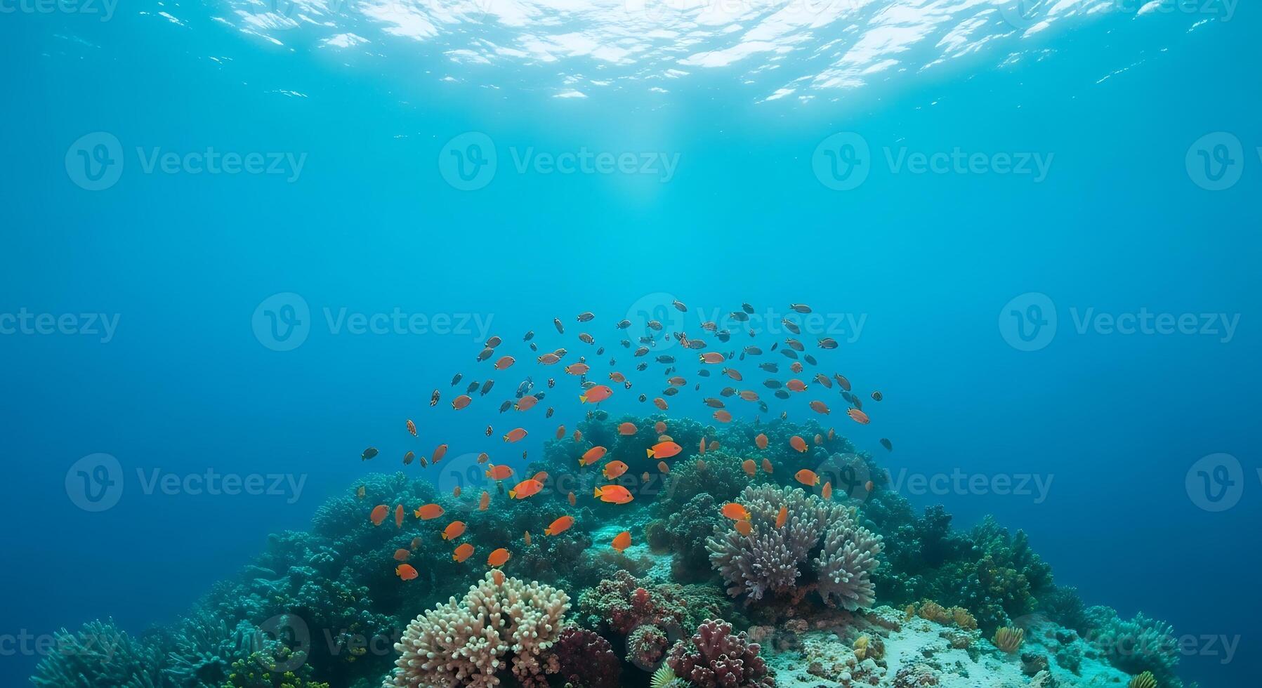 An underwater view of coral reefs with fish photo