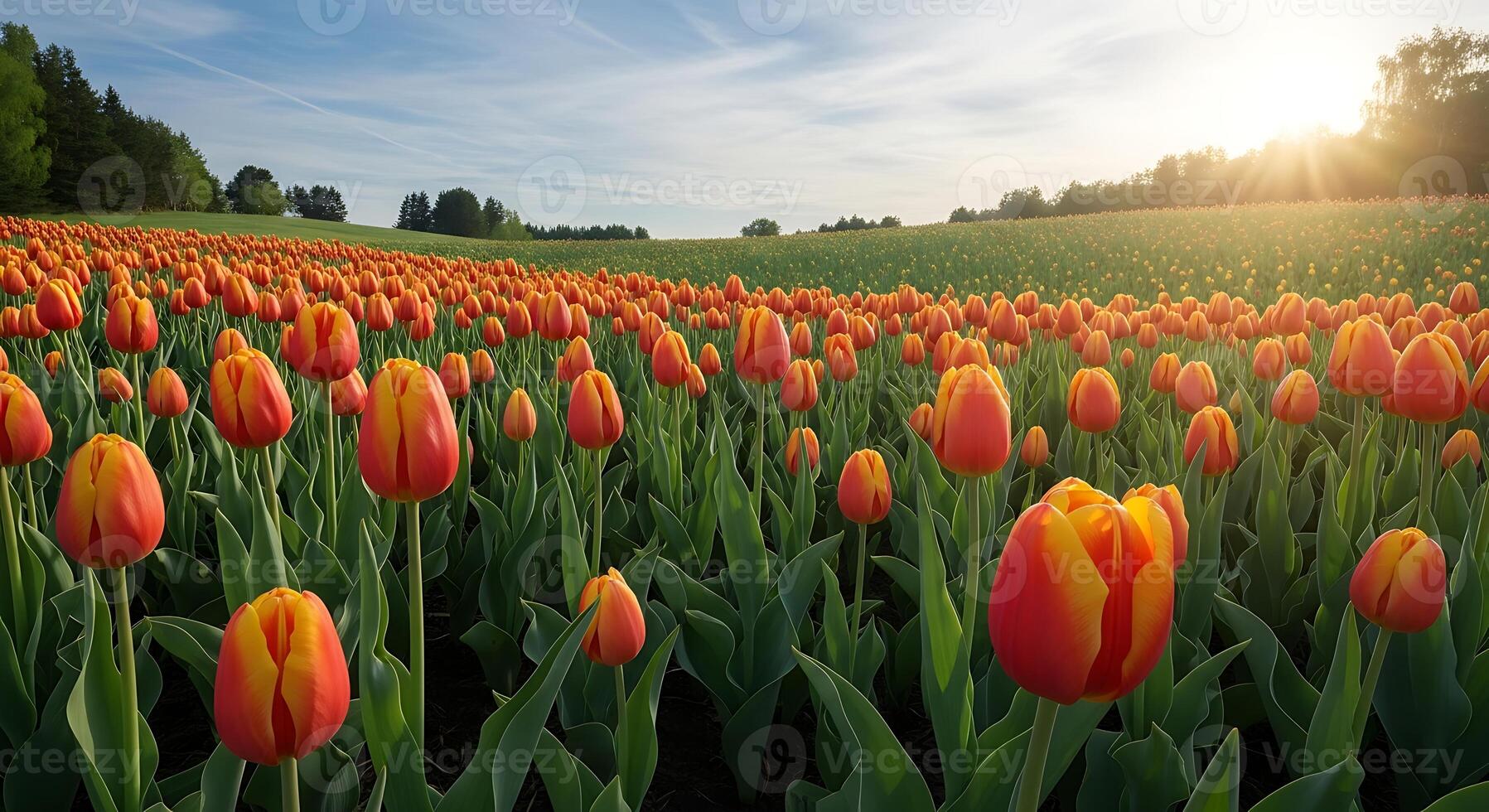 A field of red and orange tulips at sunset photo