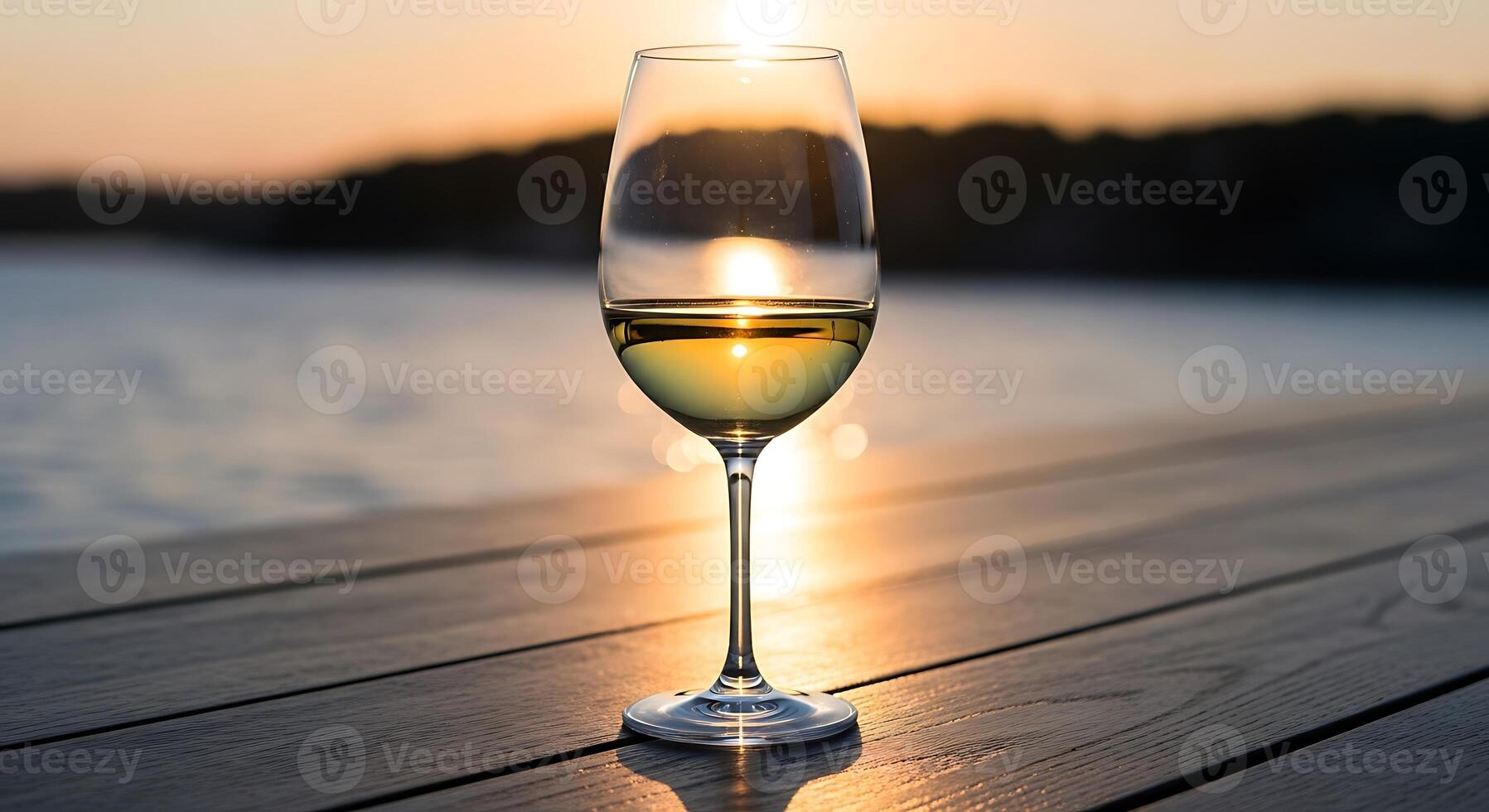 A glass of wine on a wooden table with the sun setting in the background photo
