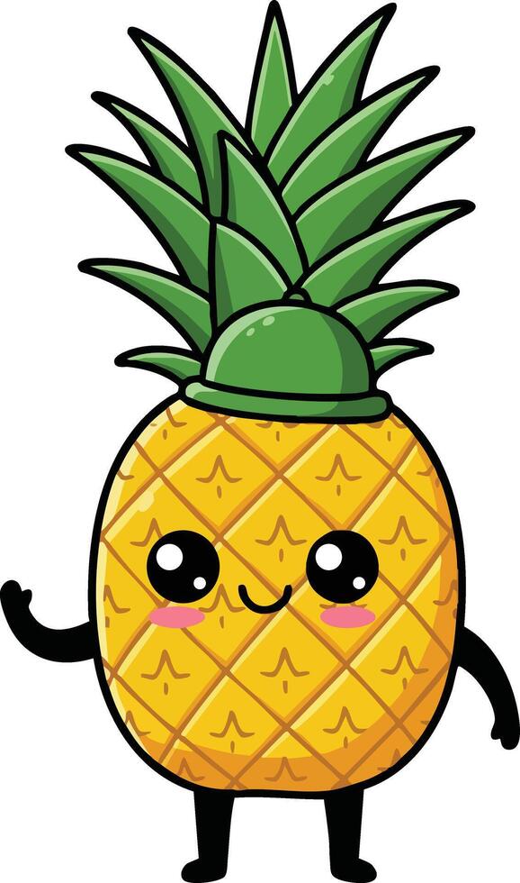 Cute happy pineapple character with green leaves and smiling face illustration vector
