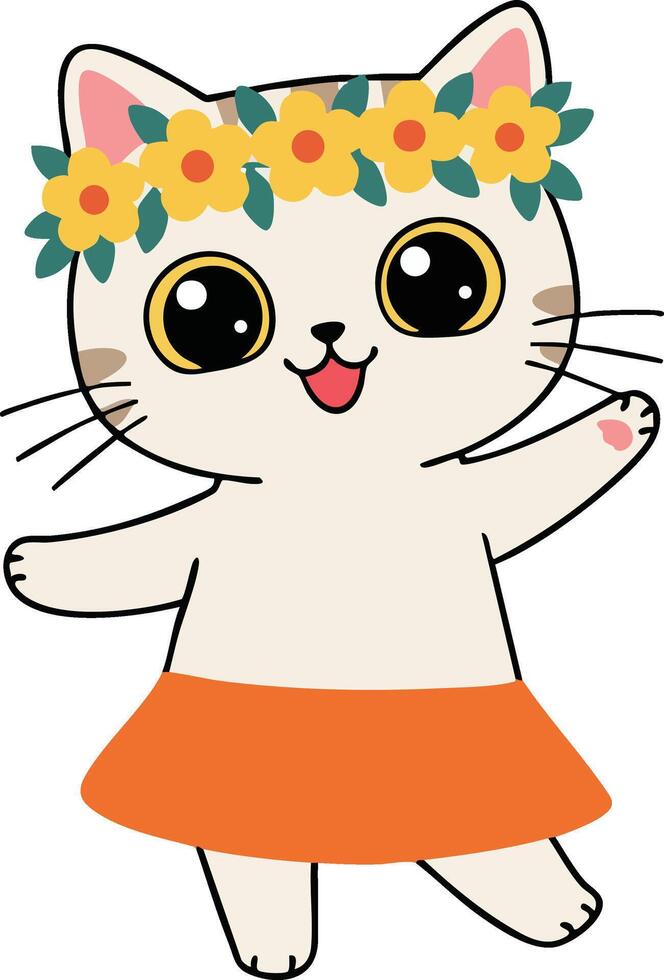 Cute cat character wearing orange skirt and flower crown dancing illustration cheerful and playful design vector