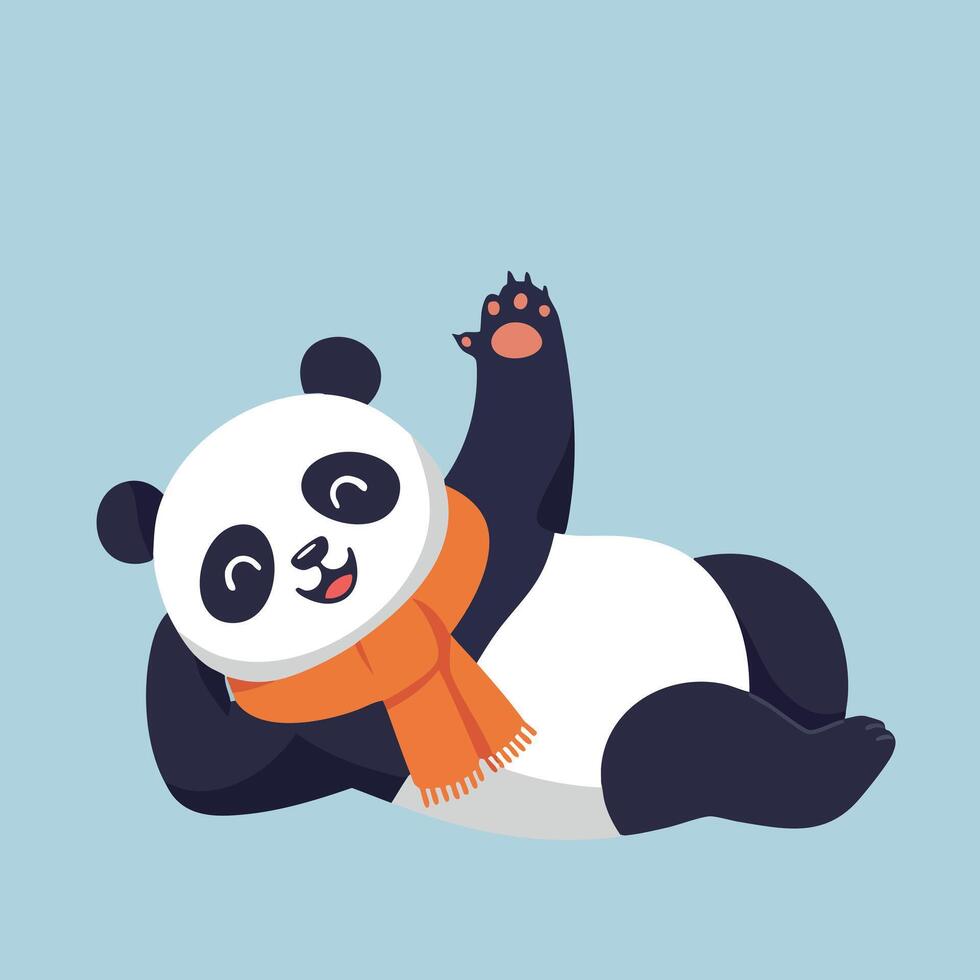 Cute cartoon panda bear wearing orange scarf lying on side waving paw illustration vector