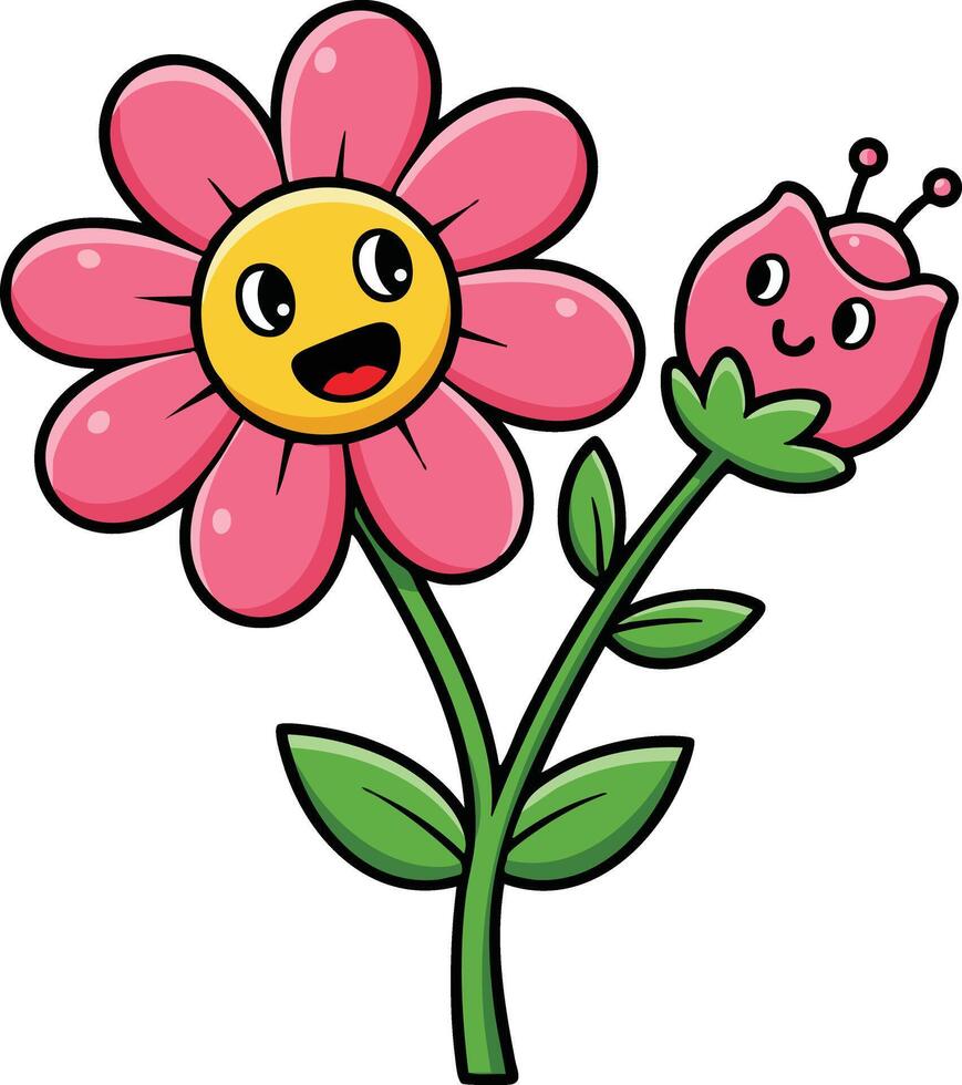 Happy pink flower with smiling face and cute pink bud cartoon illustration vector