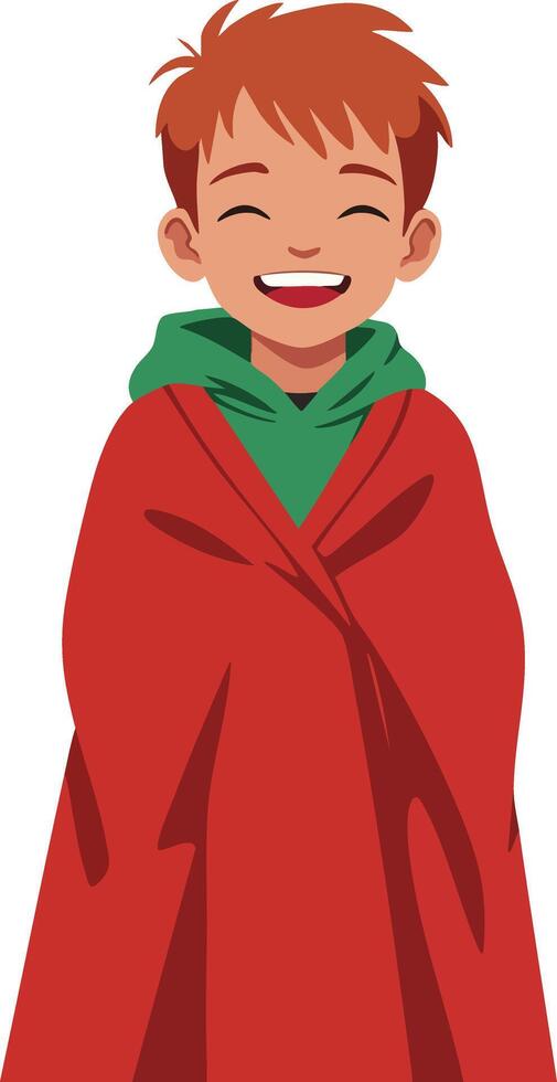 Smiling boy wrapped in red blanket wearing green hoodie happy cheerful child illustration vector