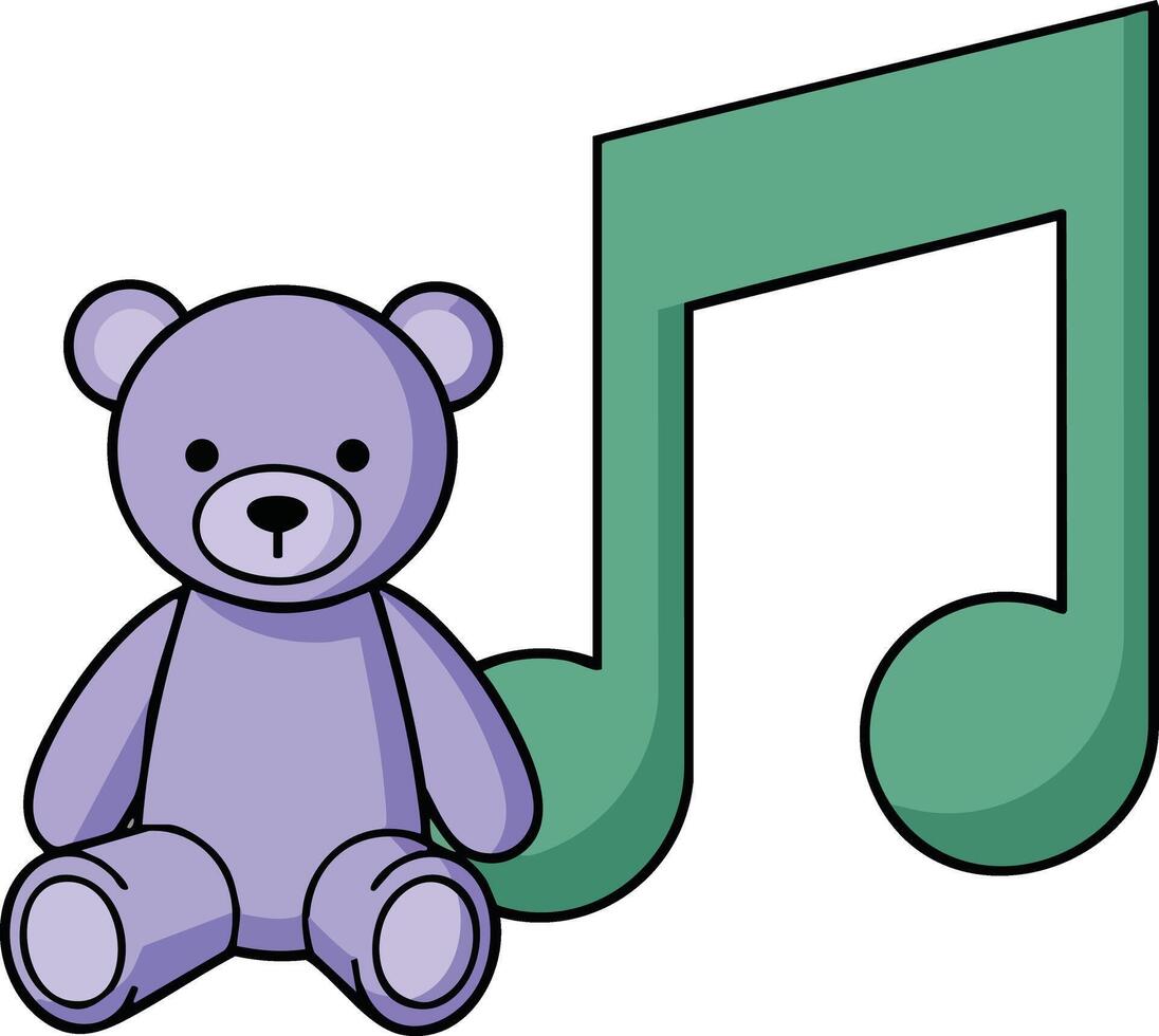 Purple teddy bear sitting next to green music note illustration for children and music design vector